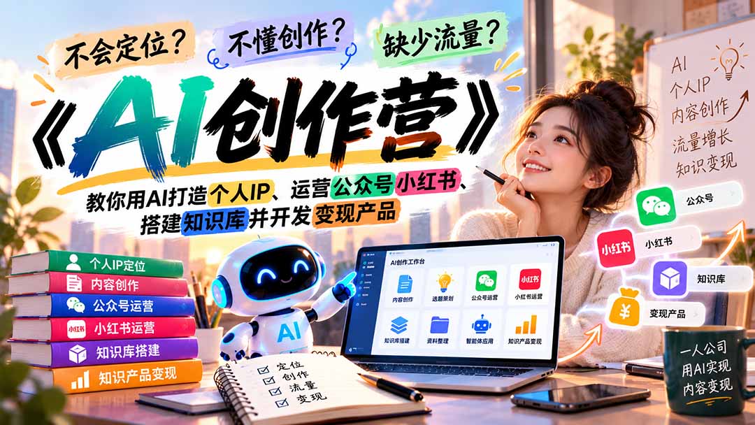 不会定位、不懂创作、缺少流量?《AI创作营》教你用AI打造个人IP、运营公众号小红书、搭建知识库并开发变现产品-副业网赚