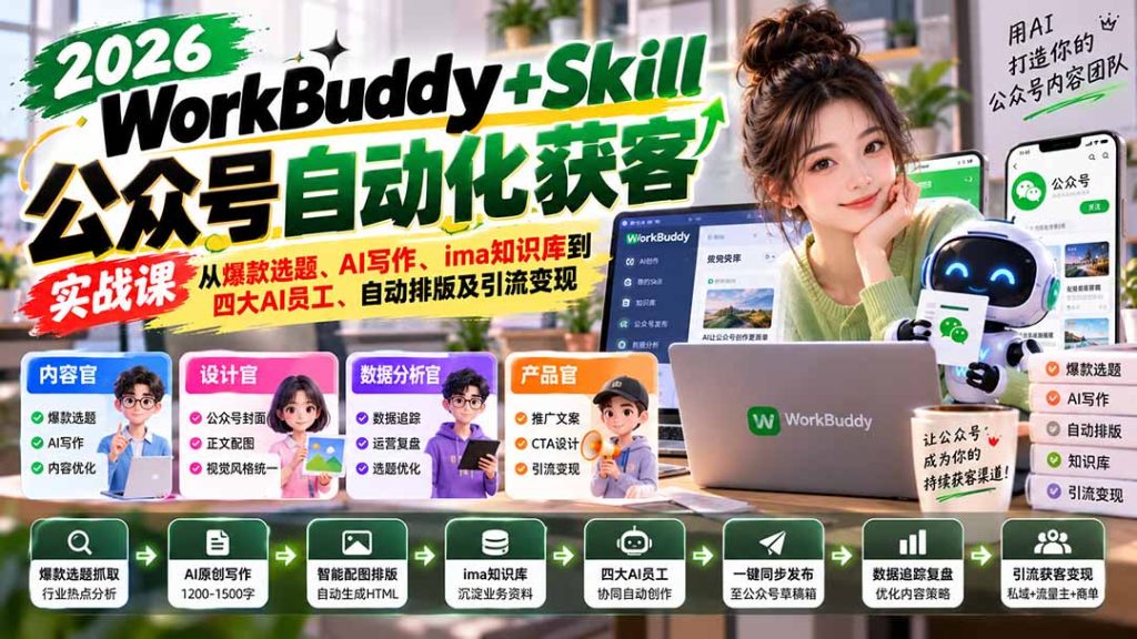 WorkBuddy + Skill公众号自动化获客实战课：从爆款选题、AI写作、ima知识库到四大AI员工、自动排版及引流变现-副业网创