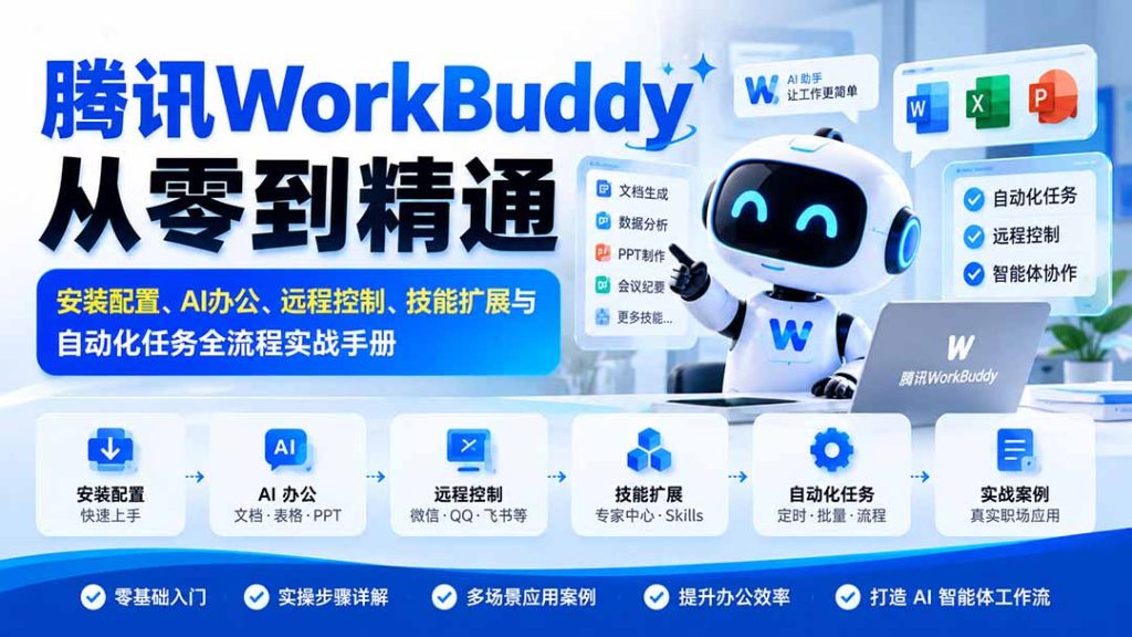 腾讯WorkBuddy从零到精通：安装配置、AI办公、远程控制、技能扩展与自动化任务全流程实战手册-副业网创