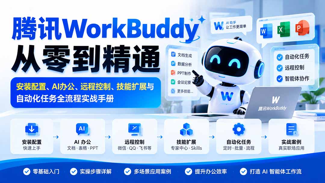 腾讯WorkBuddy从零到精通：安装配置、AI办公、远程控制、技能扩展与自动化任务全流程实战手册-副业网创