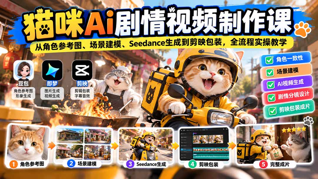 猫咪AI剧情视频制作课：从角色参考图、场景建模、Seedance生成到剪映包装，全流程实操教学-副业网创
