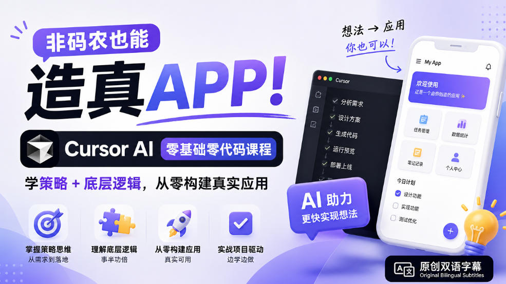 非码农也能造真APP！Cursor AI零基础零代码课程：学策略+底层逻辑，从零构建真实应用【原创双语字幕】-副业网创