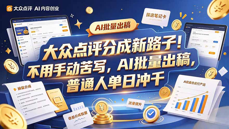 大众点评副业新玩法，工具提效解放双手，批量做笔记，单日可破千-副业网创