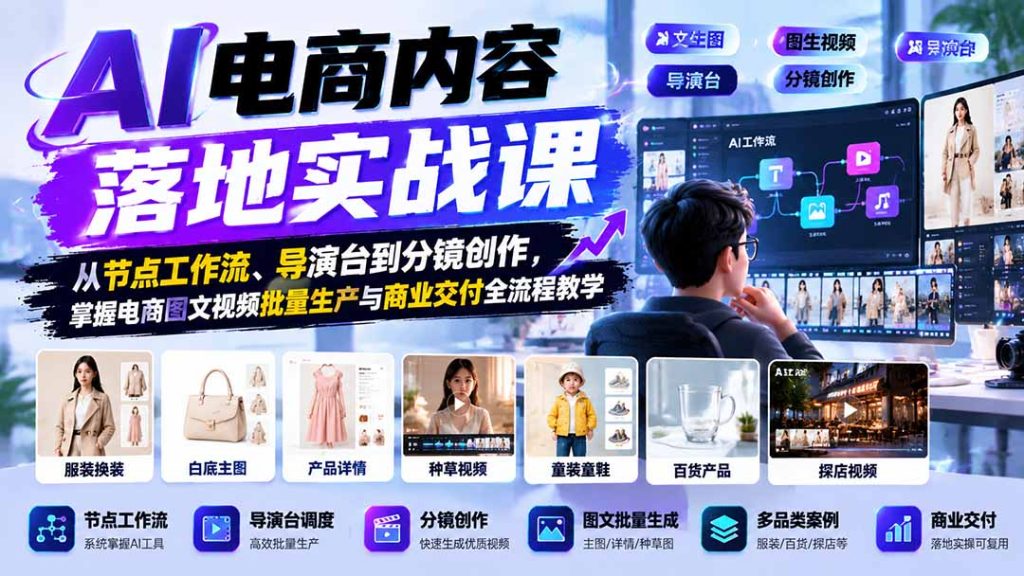 AI电商内容落地实战课：从节点工作流、导演台到分镜创作，掌握电商图文视频批量生产与商业交付全流程教学-副业网赚