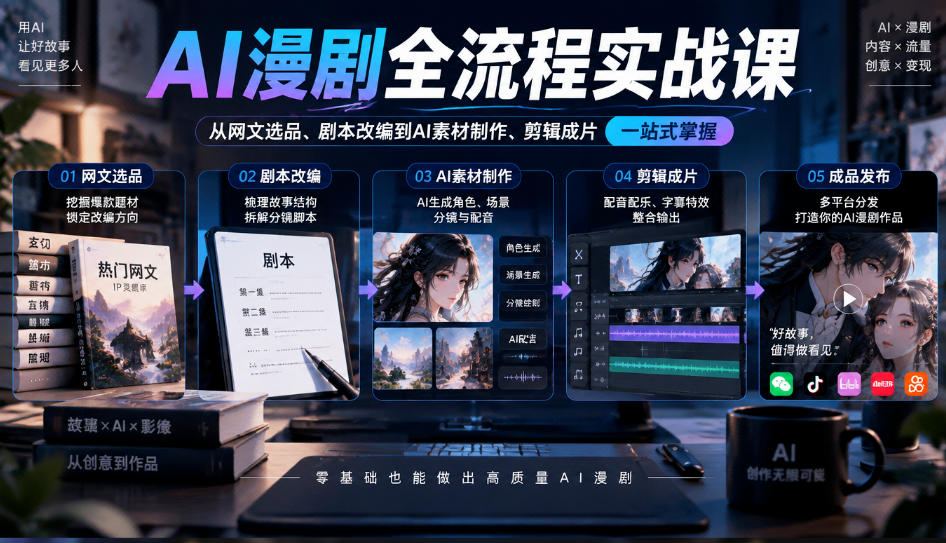 AI漫剧全流程实战课，覆盖从网文选品、剧本改编到AI素材制作、剪辑成片的完整链路-副业网赚