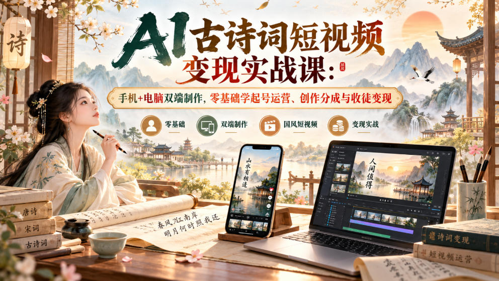 AI古诗词短视频变现实战课：手机+电脑双端制作，零基础学起号运营、创作分成与收徒变现-副业网赚