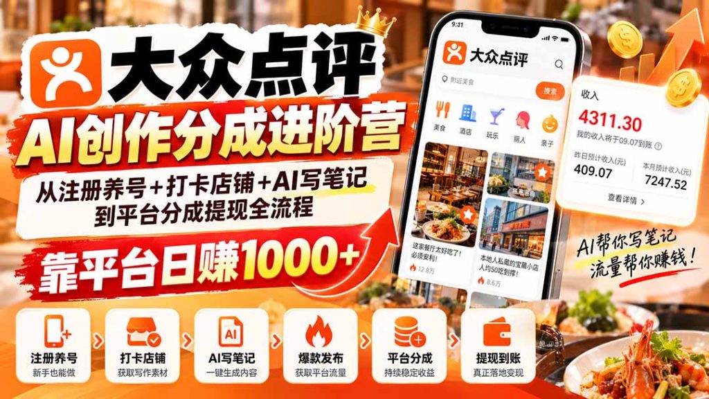 大众点评AI创作分成进阶营:从注册养号+打卡店铺+AI写笔记到平台分成提现全流程,靠平台日赚1000+-副业网创