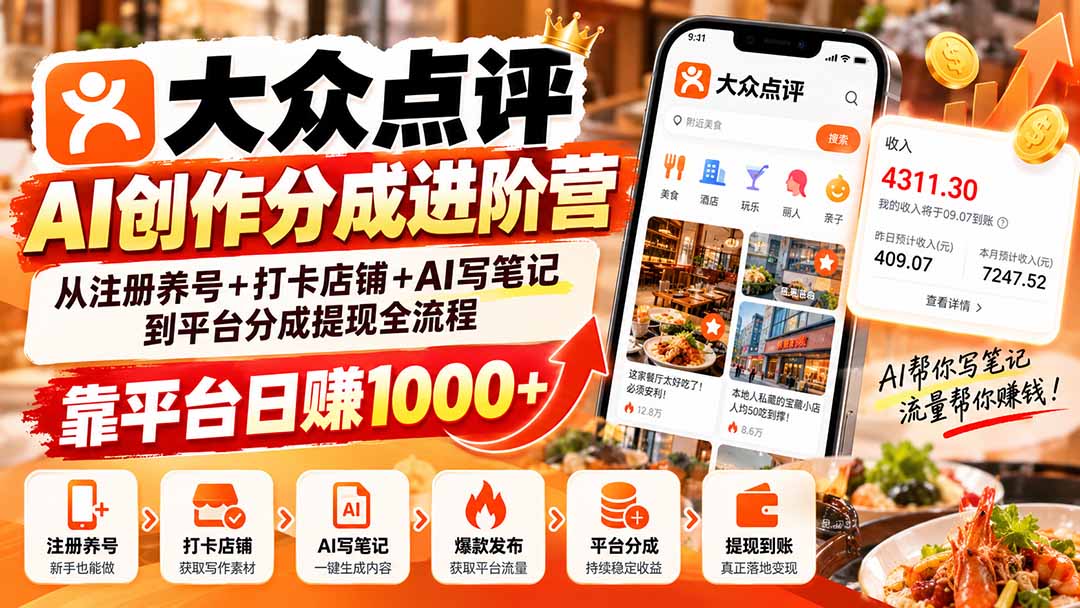 大众点评AI创作分成进阶营:从注册养号+打卡店铺+AI写笔记到平台分成提现全流程,靠平台日赚1000+-副业网创