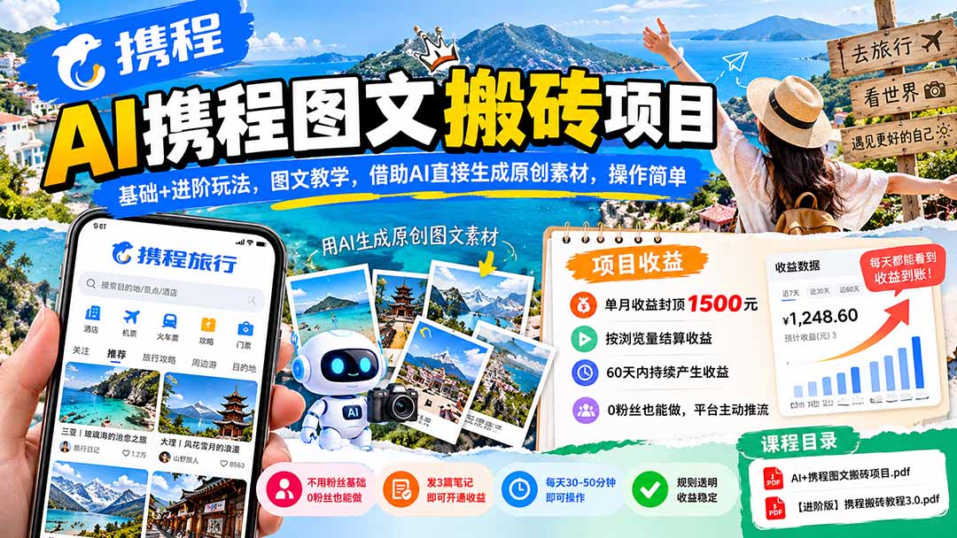 AI携程图文搬砖项目，基础+进阶玩法，图文教学，借助AI直接生成原创素材，操作简单-副业网赚