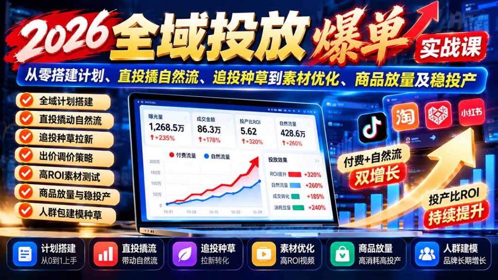 2026全域投放爆单实战课:从零搭建计划、直投撬自然流、追投种草到素材优化、商品放量及稳投产-副业网创