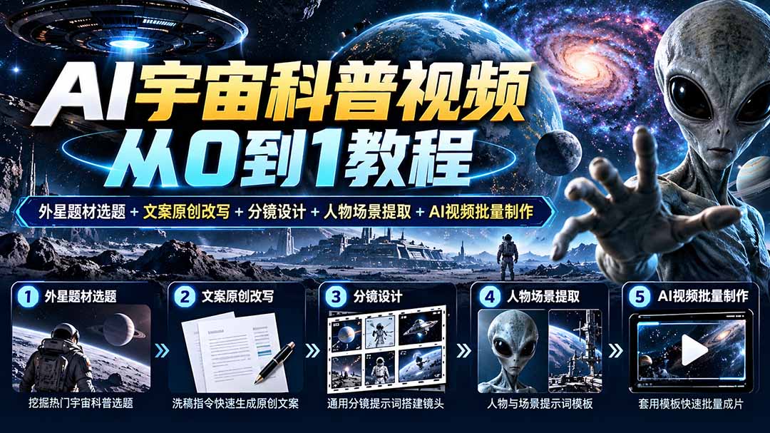 AI宇宙科普视频从0到1教程｜外星题材选题+文案原创改写+分镜设计+人物场景提取+AI视频批量制作-副业网创