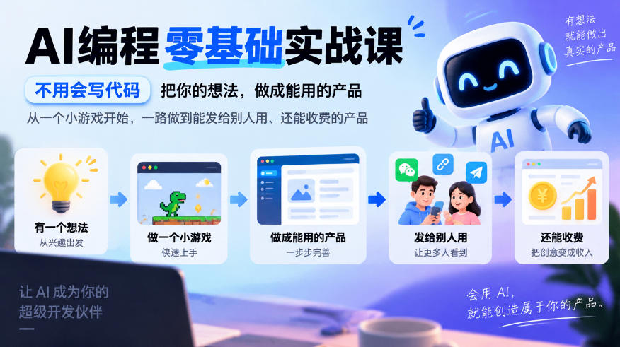 AI编程零基础实战课，不用会写代码，把你的想法，做成能用的产品，从一个小游戏开始，一路做到能发给别人用、还能收费的产品-副业网赚