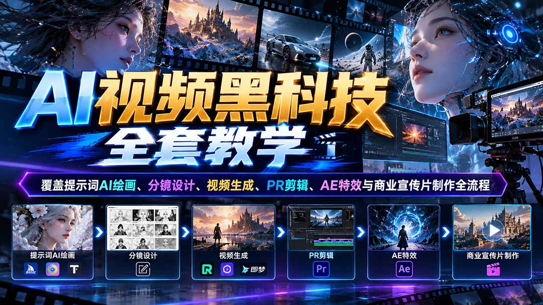 AI视频黑科技全套教学：覆盖提示词AI绘画、分镜设计、视频生成、PR剪辑、AE特效与商业宣传片制作全流程-副业网赚