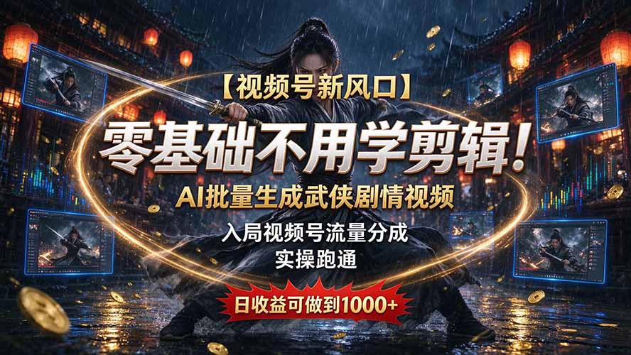 【视频号新风口】零基础不用学剪辑！AI 批量生成武侠剧情视频，入局视频号流量分成，实操跑通，日收益可做到 1000+-副业网创