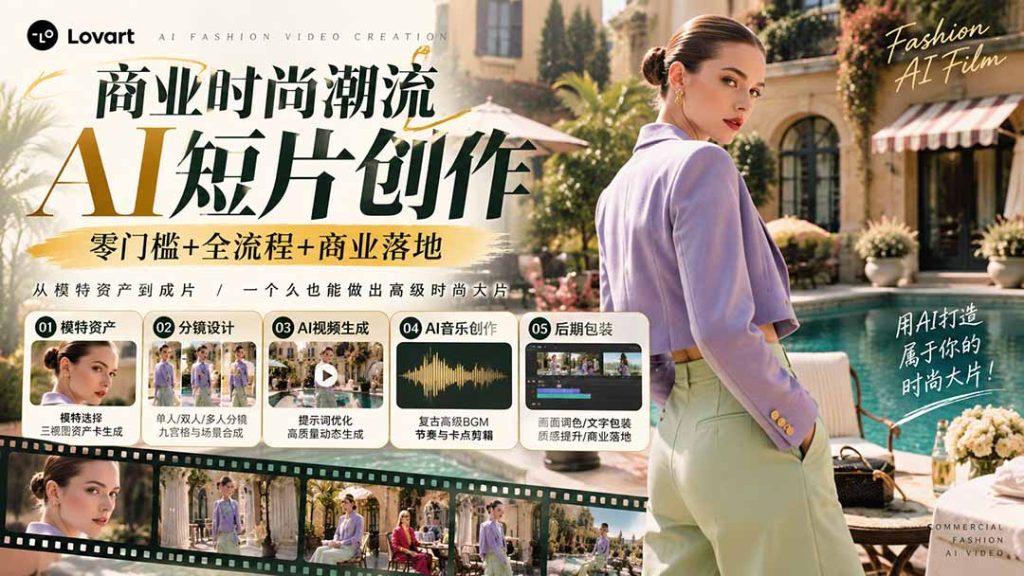从一张模特图到高级时尚广告大片：AI三视图资产、场景合成、电影分镜、动态生成与复古音乐剪辑实战课-副业网创