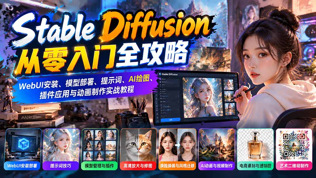 Stable Diffusion从零入门全攻略：WebUI安装、模型部署、提示词、AI绘图、插件应用与动画制作实战教程-副业网赚