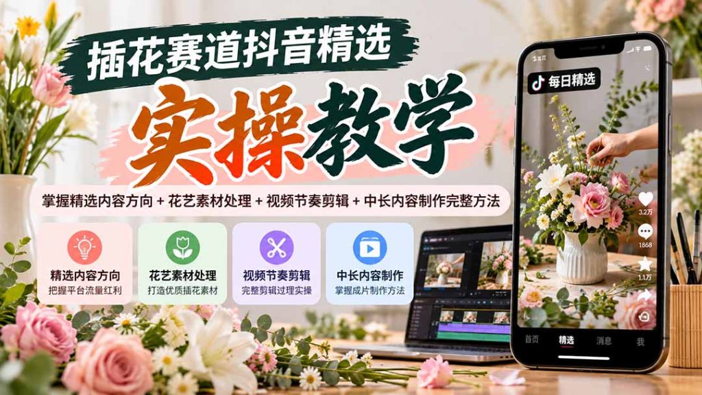 插花赛道抖音精选实操教学:掌握精选内容方向+花艺素材处理+视频节奏剪辑+中长内容制作完整方法-副业网创