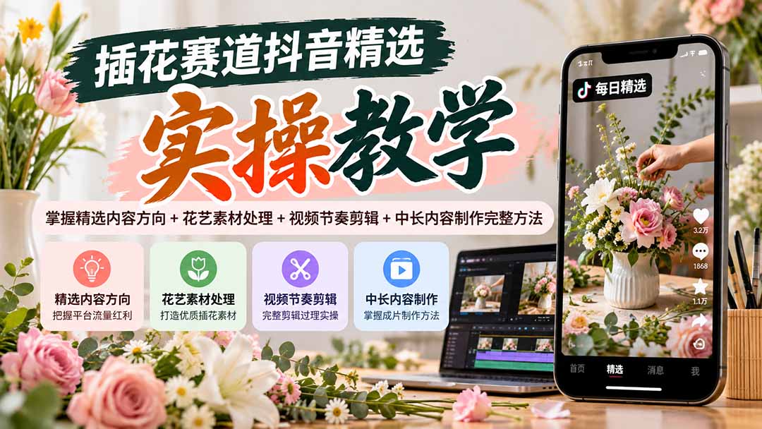 插花赛道抖音精选实操教学:掌握精选内容方向+花艺素材处理+视频节奏剪辑+中长内容制作完整方法-副业网创