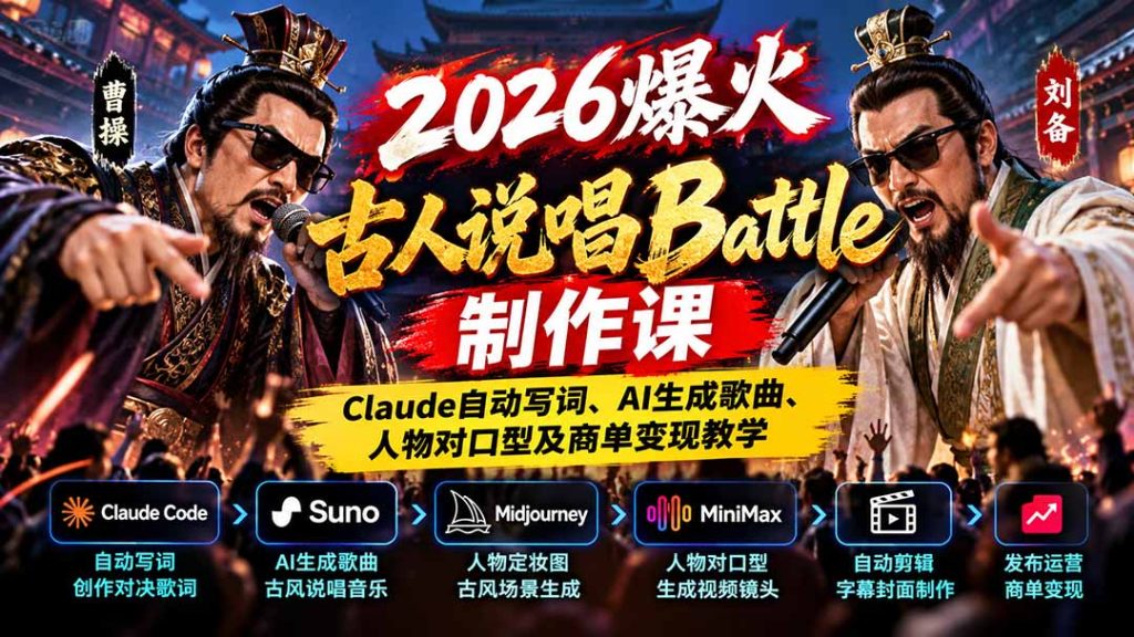 2026爆火古人说唱Battle制作课：Claude自动写词、AI生成歌曲、人物对口型及商单变现教学-副业网赚