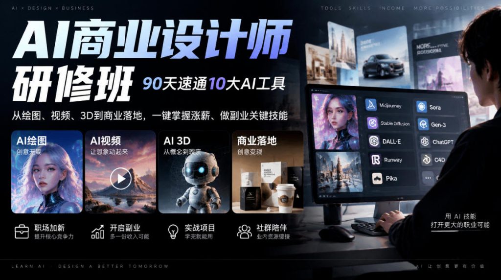 AI商业设计师研修班，90天速通10大AI工具，从绘图、视频、3D到商业落地，一键掌握涨薪、做副业关键技能-副业网赚