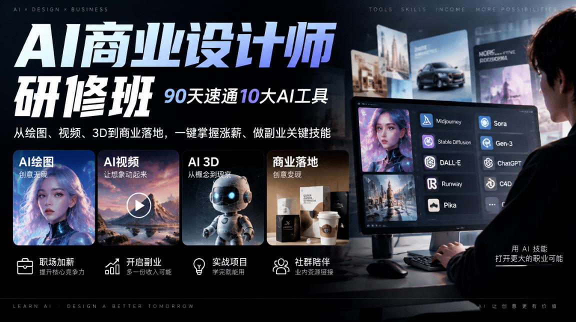 AI商业设计师研修班,90天速通10大AI工具,从绘图、视频、3D到商业落地,一键掌握涨薪、做副业关键技能-副业网赚