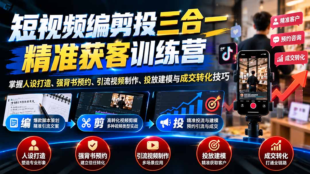 短视频编剪投三合一精准获客训练营:掌握人设打造、强背书预约、引流视频制作、投放建模与成交转化技巧-副业网创