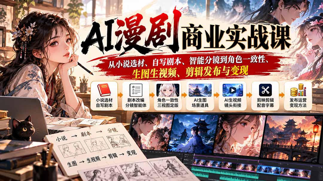 AI漫剧商业实战课：从小说选材、自写剧本、智能分镜到角色一致性、生图生视频、剪辑发布与变现-副业网创
