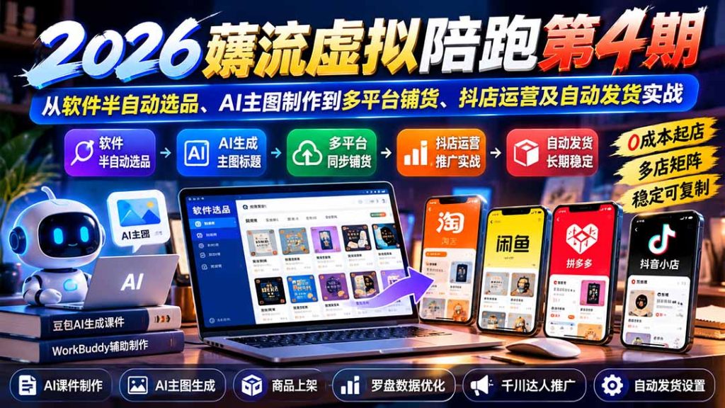 2026薅流虚拟陪跑第4期：从软件半自动选品、AI主图制作到多平台铺货、抖店运营及自动发货实战-副业网创