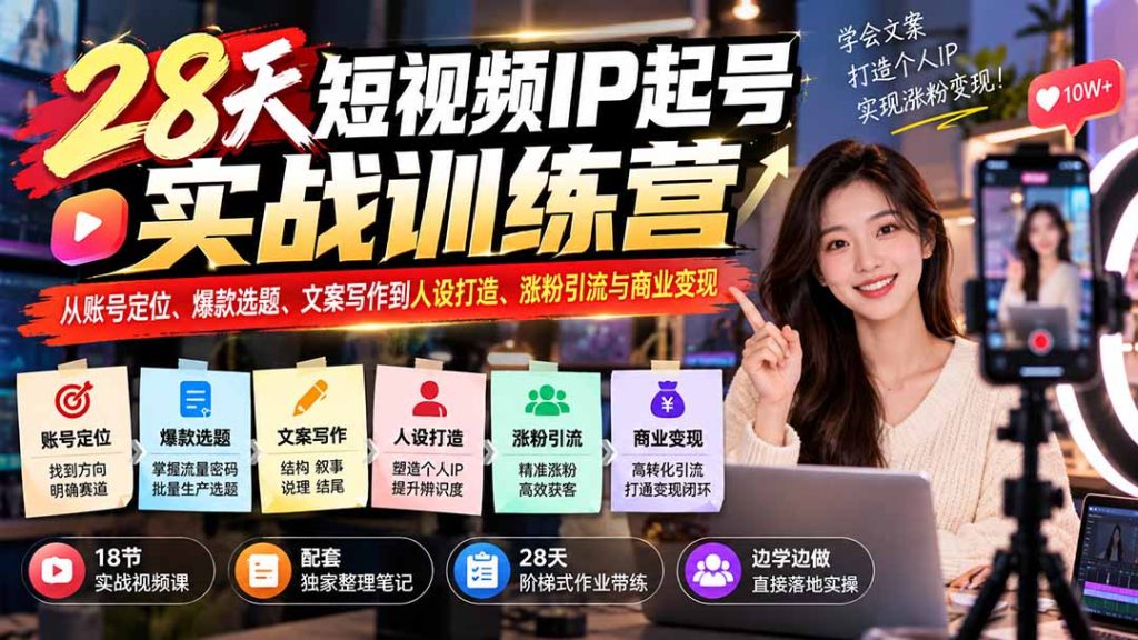 28天短视频IP起号实战训练营：从账号定位、爆款选题、文案写作到人设打造、涨粉引流与商业变现-副业网创