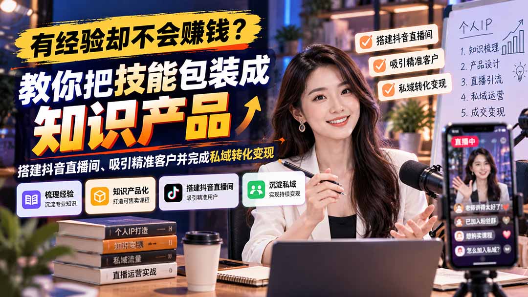 有经验却不会赚钱？教你把技能包装成知识产品，搭建抖音直播间、吸引精准客户并完成私域转化变现-副业网赚