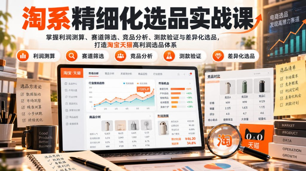货架电商精细化选品实战课：掌握利润测算、赛道筛选、竞品分析、测款验证与差异化选品，打造淘宝天猫高利润选品体系-副业网赚