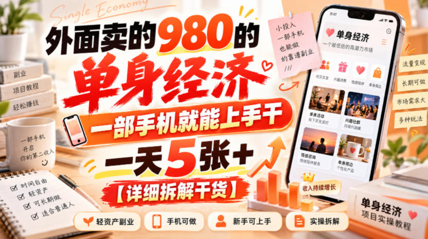 外面卖的980的单身经济，一部手机就能上手干，一天5张+【详细拆解干货】-副业网赚