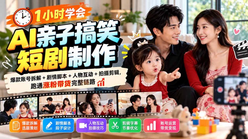1小时学会AI亲子搞笑短剧制作：爆款账号拆解+剧情脚本+人物互动+拍摄剪辑，跑通涨粉带货完整链路-副业网创