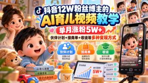 抖音12W粉丝博主的AI育儿视频教学，单月涨粉5W+，伙伴计划+接商单+收徒等多种变现方式-副业网赚