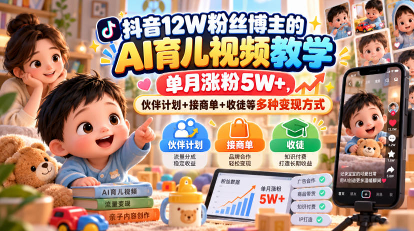 抖音12W粉丝博主的AI育儿视频教学，单月涨粉5W+，伙伴计划+接商单+收徒等多种变现方式-副业网赚