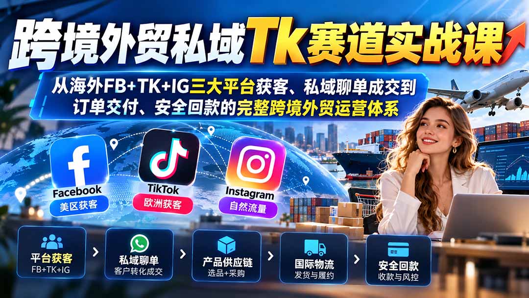 跨境外贸私域Tk赛道实战课:从海外FB+TK+IG三大平台获客、私域聊单成交到订单交付、安全回款的完整跨境外贸运营体系-副业网创