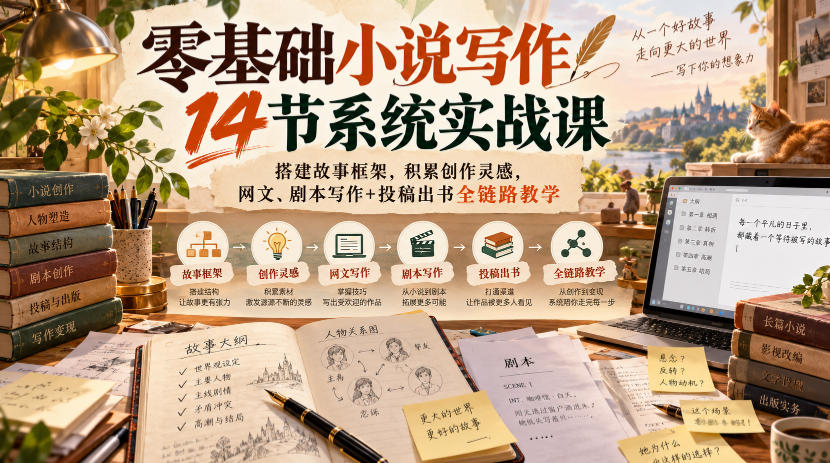 零基础小说写作14节系统实战课，搭建故事框架，积累创作灵感，网文、剧本写作+投稿出书全链路教学-副业网创