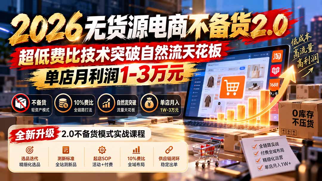 2026无货源电商不备货2.0【更新1010】：超低费比技术突破自然流天花板，单店月利润1-3万元-副业网创