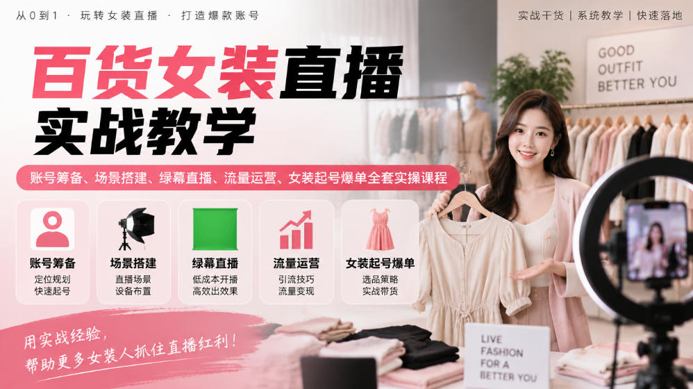 百货女装直播实战教学｜账号筹备、场景搭建、绿幕直播、流量运营、女装起号爆单全套实操课程-副业网创