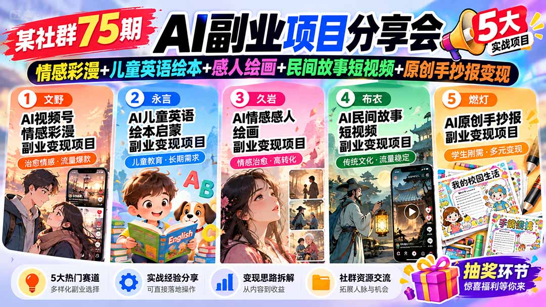 某社群75期AI副业项目分享会：情感彩漫+儿童英语绘本+感人绘画+民间故事短视频+原创手抄报变现-副业网创