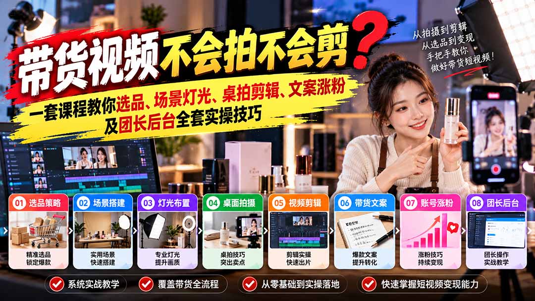 带货视频不会拍不会剪?一套课程教你选品、场景灯光、桌拍剪辑、文案涨粉及团长后台全套实操技巧 复制标题-副业网创
