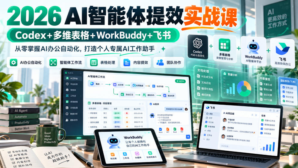 2026 AI智能体提效实战课：Codex+多维表格+WorkBuddy+飞书，从零掌握AI办公自动化，打造个人专属AI工作助手-副业网赚