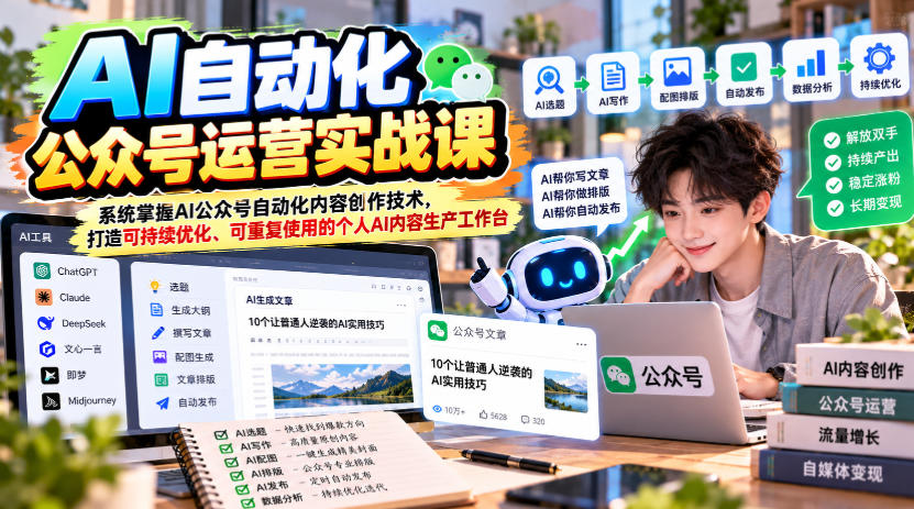 AI自动化公众号运营实战课，系统掌握AI公众号自动化内容创作技术，打造可持续优化、可重复使用的个人AI内容生产工作台-副业网赚