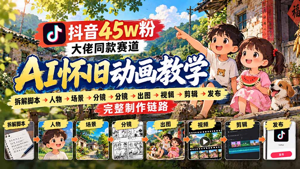 抖音45W粉大佬同款赛道AI怀旧动画教学：拆解脚本→人物→场景→分镜→出图→视频→剪辑→发布完整制作链路-副业网创