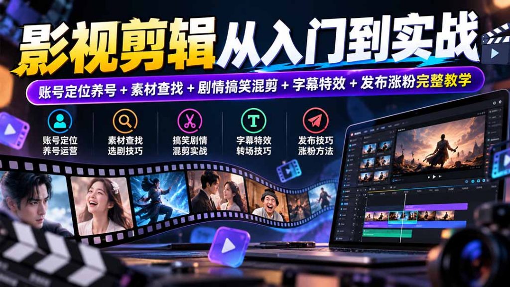 影视剪辑从入门到实战:账号定位养号+素材查找+剧情搞笑混剪+字幕特效+发布涨粉完整教学-副业网创