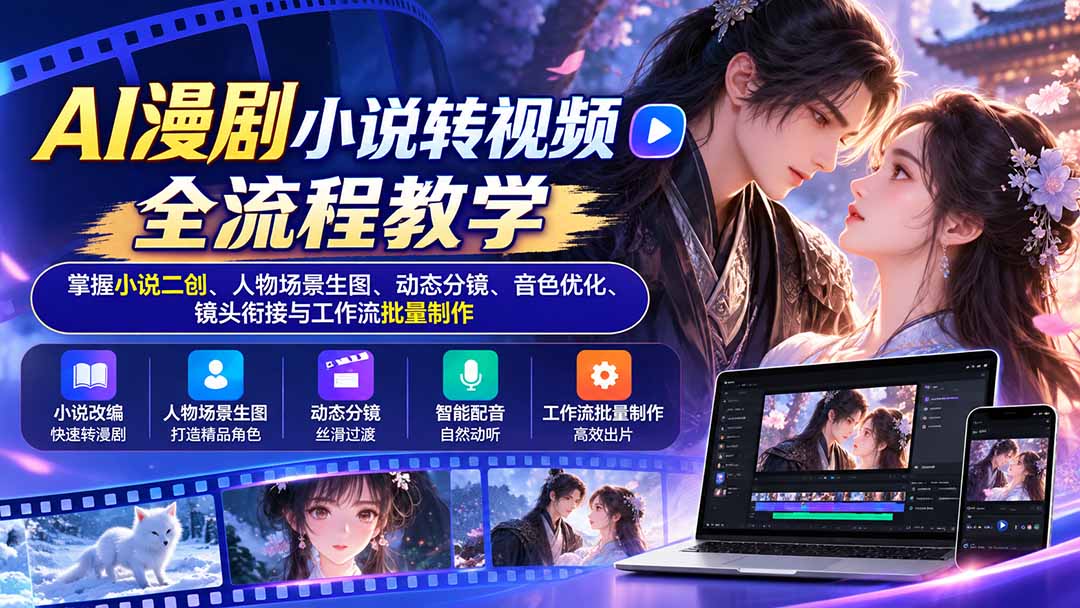 AI漫剧小说转视频全流程教学：掌握小说二创、人物场景生图、动态分镜、音色优化、镜头衔接与工作流批量制作-副业网创