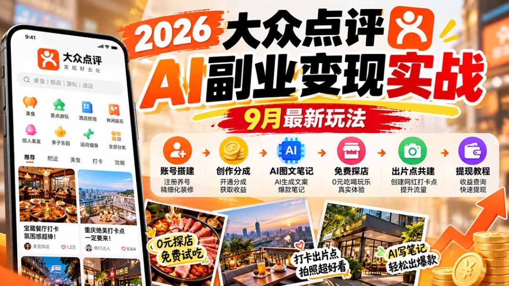 2026大众点评AI副业变现实战9月最新玩法：账号搭建+创作分成+AI图文笔记+免费探店+出片点共建与提现教程-副业网创