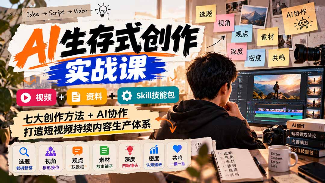 AI生存式创作实战课:视频+资料+Skill技能包,七大创作方法+AI协作,打造短视频持续内容生产体系-副业网赚