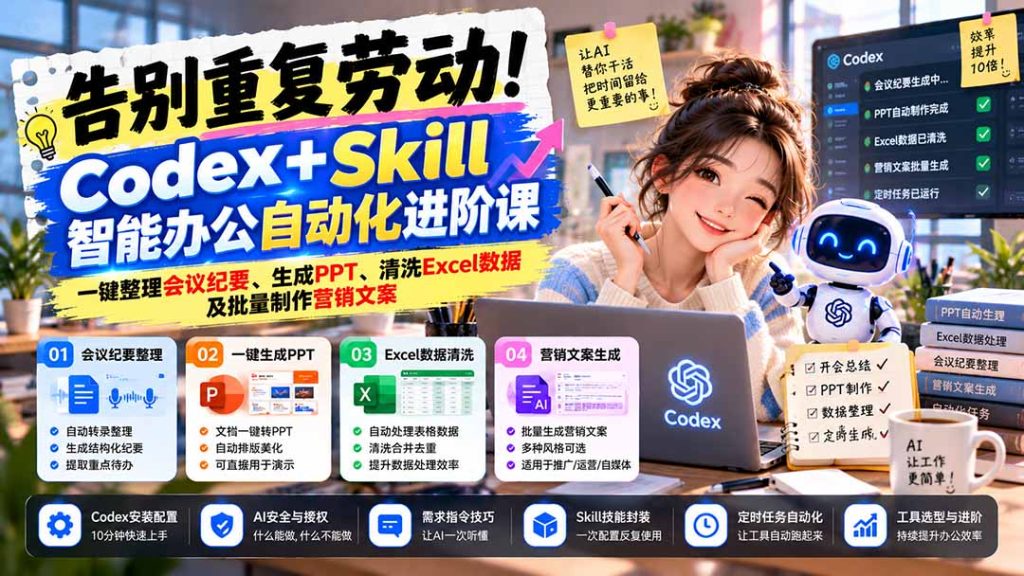 告别重复劳动！Codex+Skill智能办公自动化进阶课：一键整理会议纪要、生成PPT、清洗Excel数据及批量制作营销文案-副业网创