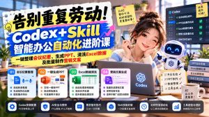 告别重复劳动！Codex+Skill智能办公自动化进阶课：一键整理会议纪要、生成PPT、清洗Excel数据及批量制作营销文案-副业网创